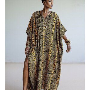 Vtg Winlar Kaftan Maxi Dress OS Gold Leopard Kimono Muumuu Regal African Glam